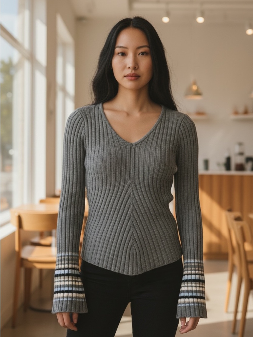 Copper Key Gray Ribbed V-Neck Sweater with Striped Cuffs